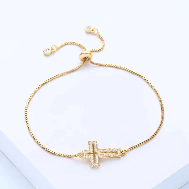 Stylish Copper Set Zirconium Cross Bracelet Men's AND WOMEN'S Gold  Color Simple Adjustable Chain Bracelet Party Jewelry