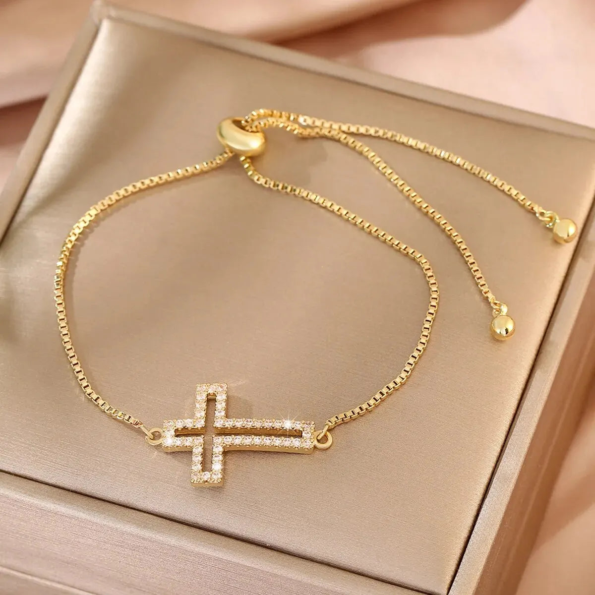 Stylish Copper Set Zirconium Cross Bracelet Men's AND WOMEN'S Gold  Color Simple Adjustable Chain Bracelet Party Jewelry