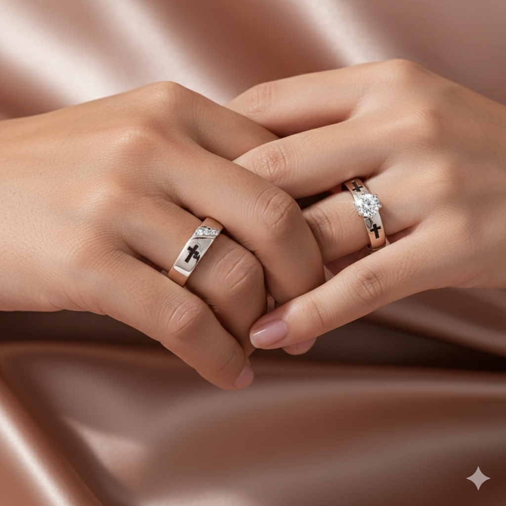 Elegant Cross Couples Rings - In Silver