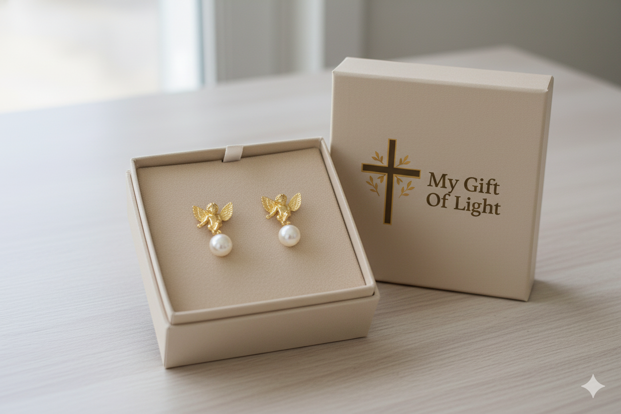 Angel Pearl Stud Earrings – Elegant Gold Christian