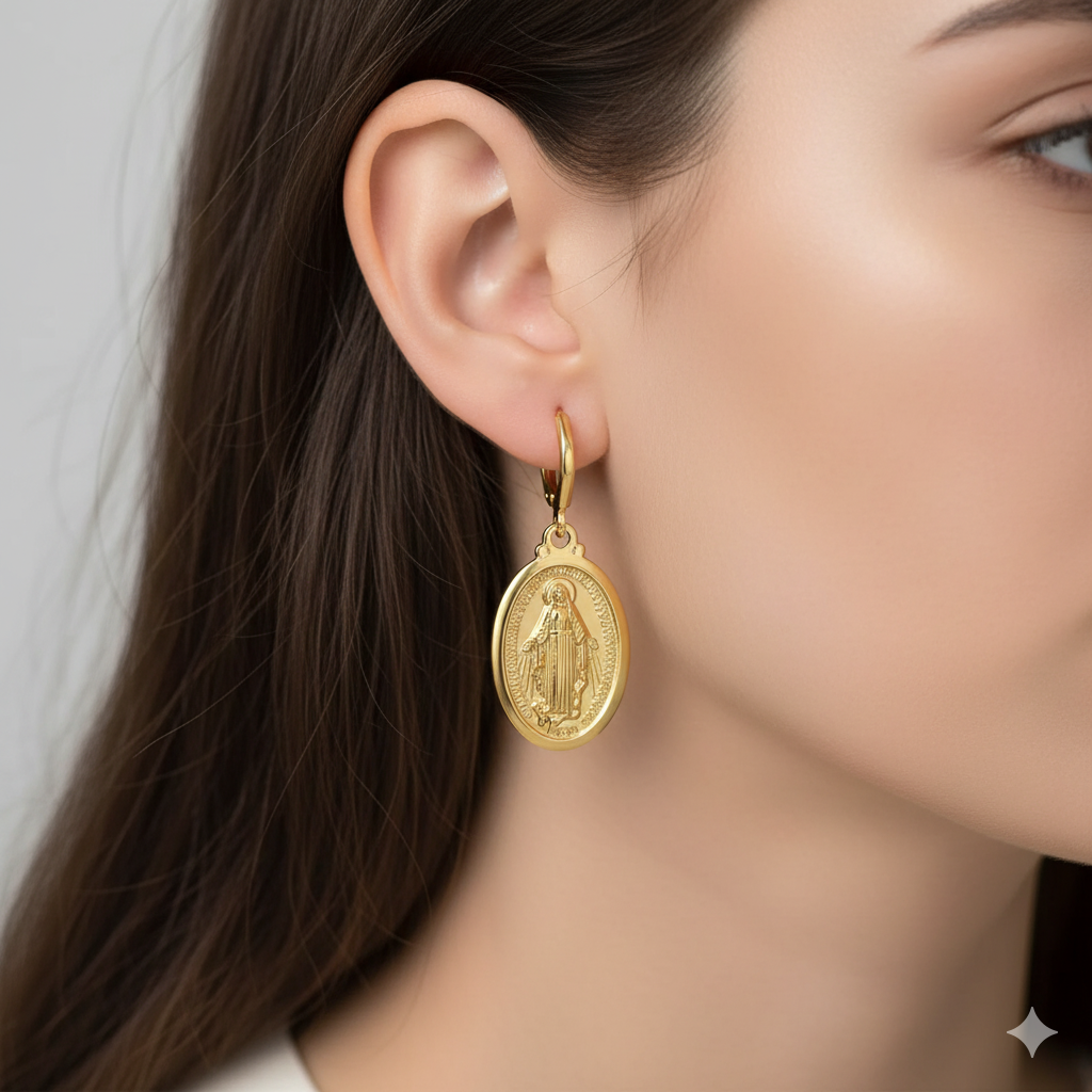Gold Virgin Mary Cross Earrings