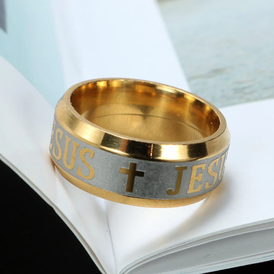 Religious Fashion Jesus Cross Charm Ring Male 8mm Gold Color Stainless Steel Christ Rings For Men Christian Jewelry Anillos 2025
