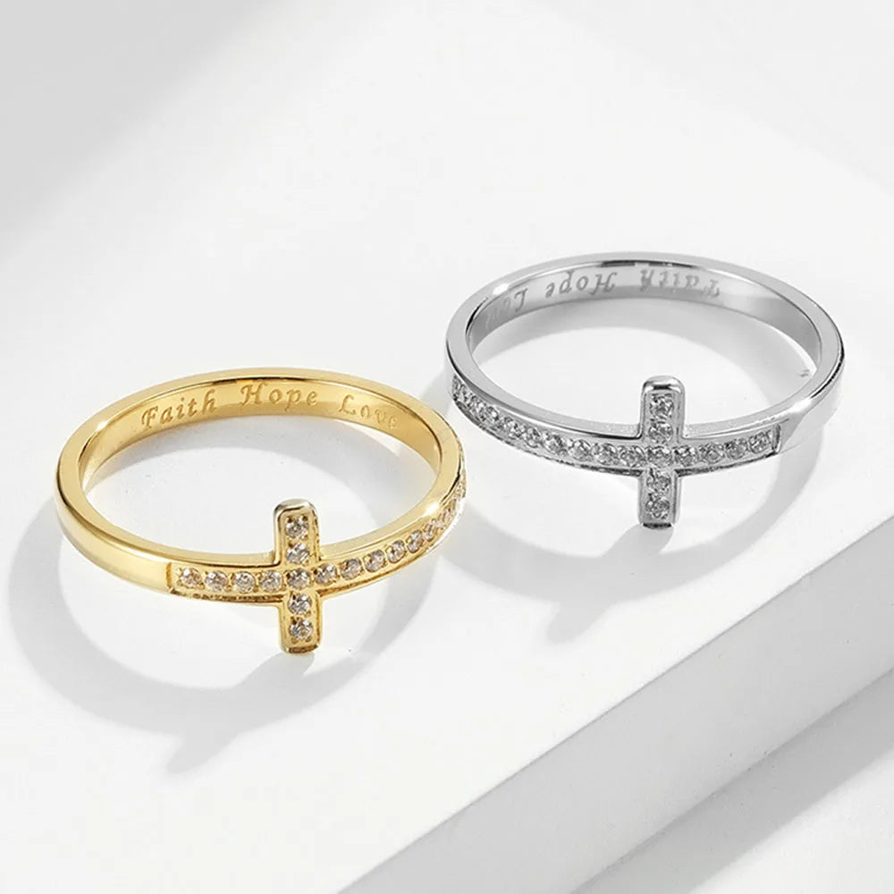 Titanium Steel Cross Rhinestone Female Ring Ring, Proposal Wedding Ring For Men And Women