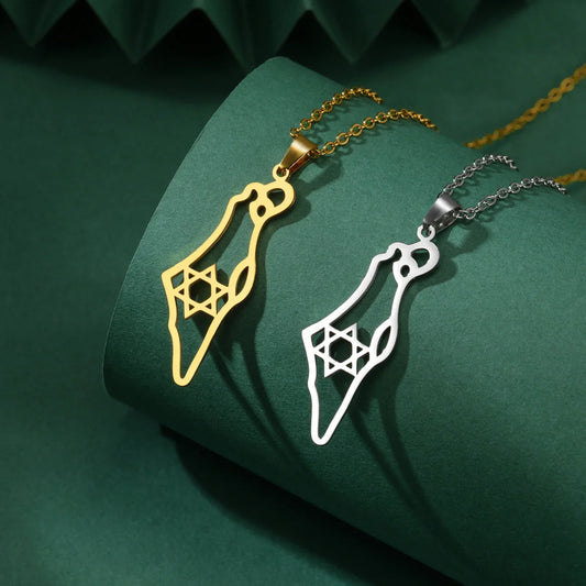 Jewish Israel Map Pendant Choker Chain Stainless Steel Gold Color Star of David Hexagram Necklace for Women Jewelry Gift