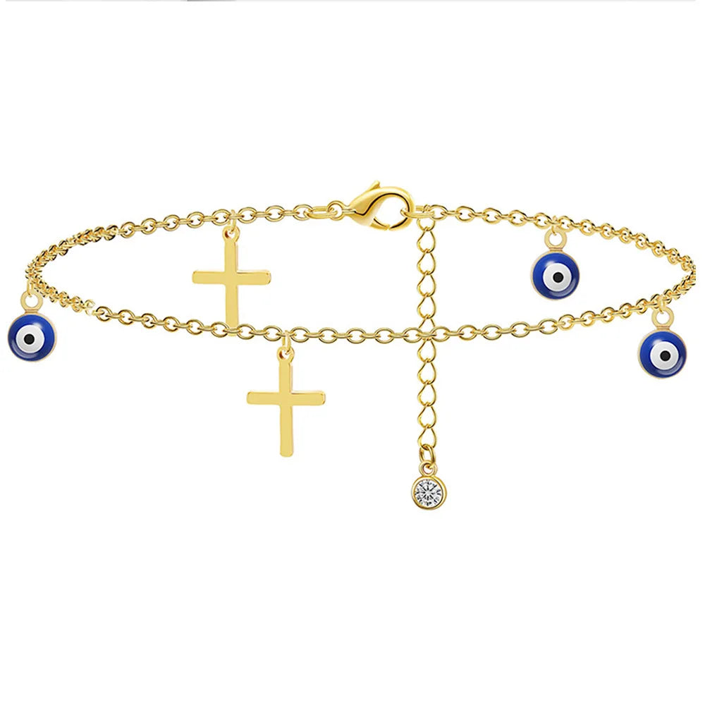 Fashion Stainless Steel Anklet For Women Turkey Blue Eye Of Evil Cross Charm Ankle Bracelet Waterproof Chain On Foot Jewelry
