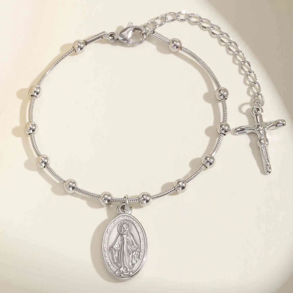 Vnox Double Sides Women Rosary Bracelets,Gold Plated Stainless Steel Religious Prayer Charm Bracelet,Cross Virgin Mary Bracelets
