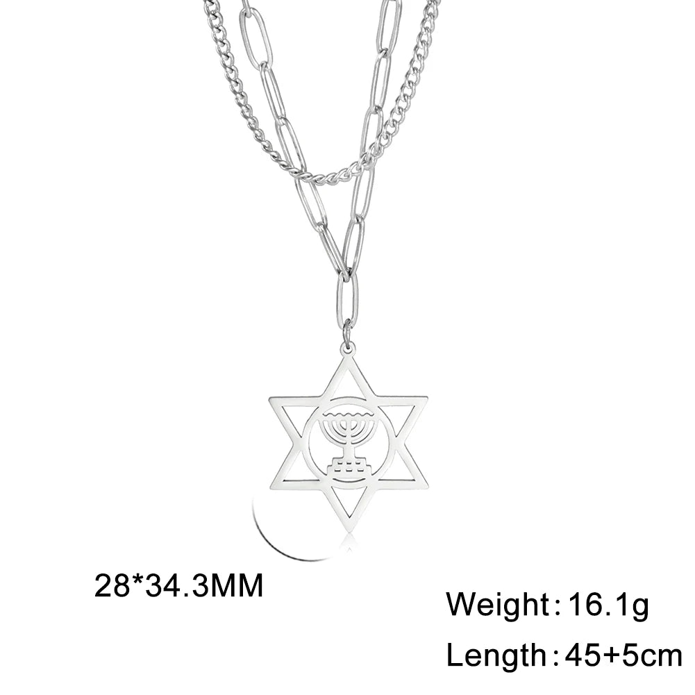 Lucktune Judaism Menorah Pendant Necklace Stainless Steel Lampstand Sacred Amulet Chain Necklace for Women Men Vintage Jewelry