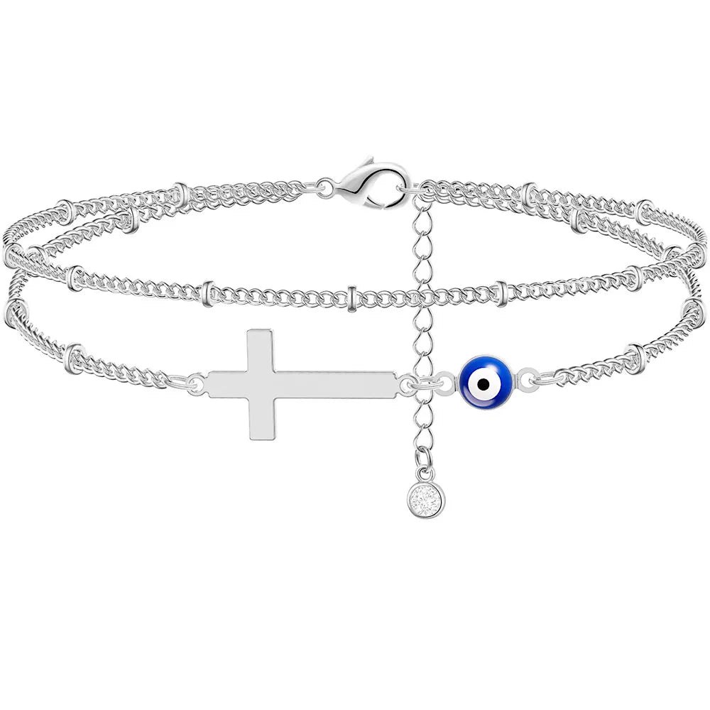 Fashion Stainless Steel Anklet For Women Turkey Blue Eye Of Evil Cross Charm Ankle Bracelet Waterproof Chain On Foot Jewelry