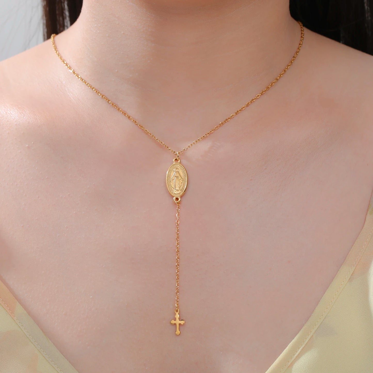 Skyrim Religious Virgin Mary Cross Pendant Necklace for Women Stainless Steel Gold Color Necklaces Amulet Blessed Jewelry Gift