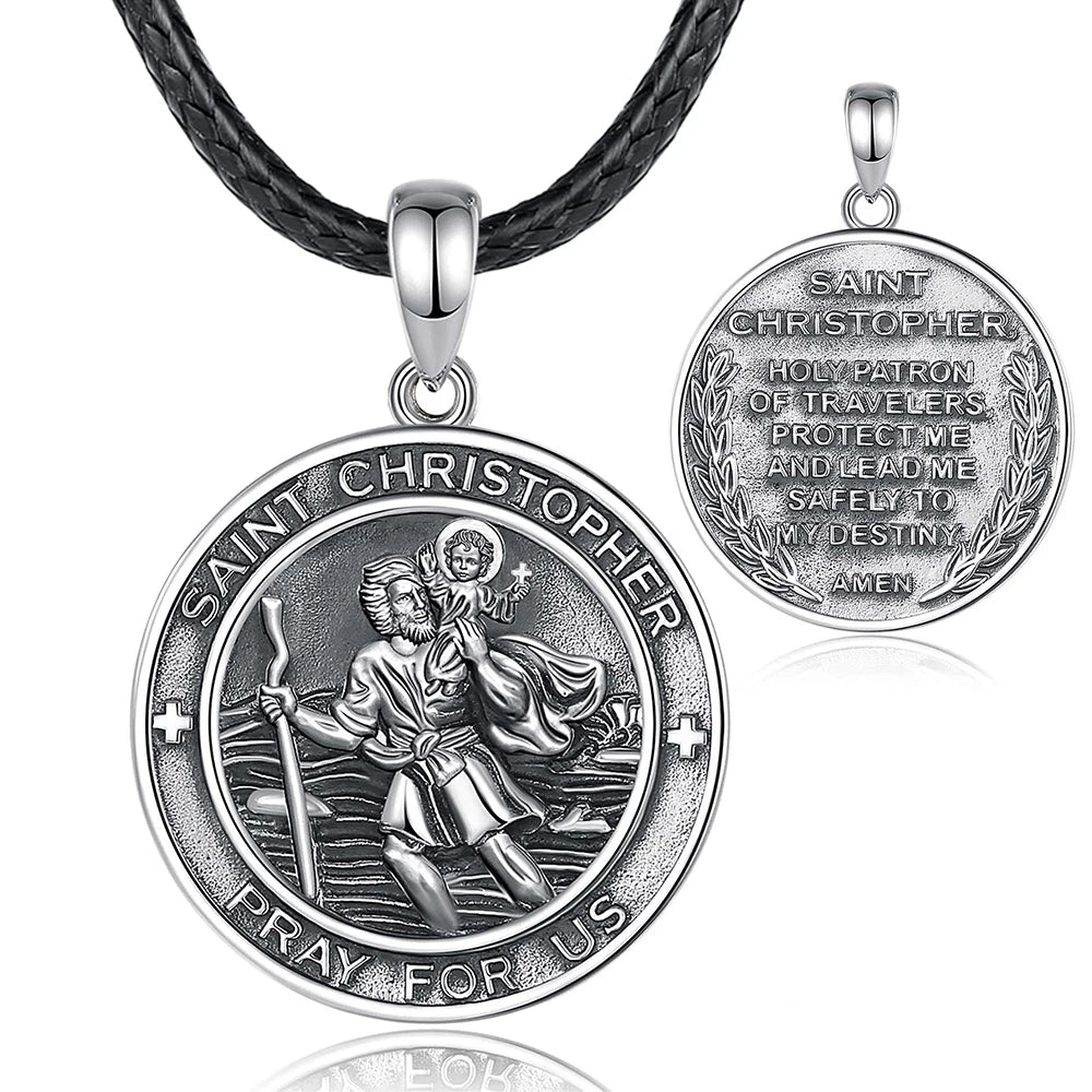 Eudora 925 Sterling Silver St Christopher Necklace Vintage Medallion Cross Pendant for Men Women Personality Religious Jewelry
