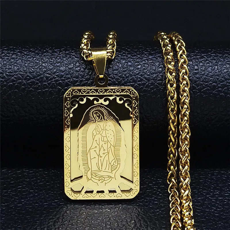 HNSP 316L Stainless Steel Virgin Mary Medal Protect Necklace Pendant For Men Religion Rosary Jewelry Accessories