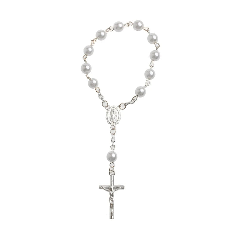 Catholic for Cross Finger Chain Mini Rosary Finger Baptism Rosaries Faux Pearls Bracelet for Baptism  Christening