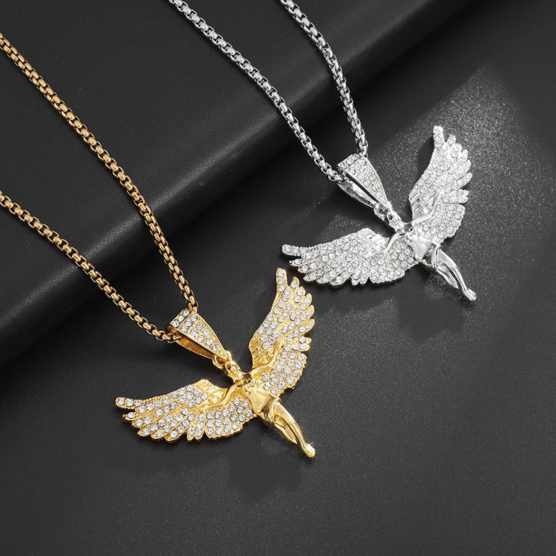 Hip Hop 5A+ Cz Stone Paved Bling Iced Out Angel Pendants Necklaces for Men and Women Rapper Jewelry