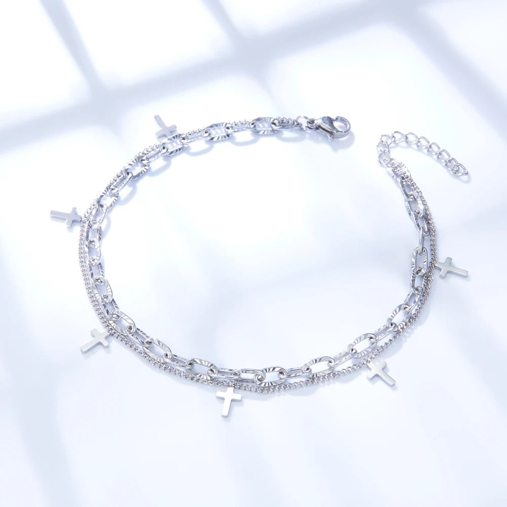 LUXUSTEEL Cross Double Foot Chain Anklets for Women Bracelet on Leg Stainless Steel Women's Chain Anklets Wedding Party Jewelry