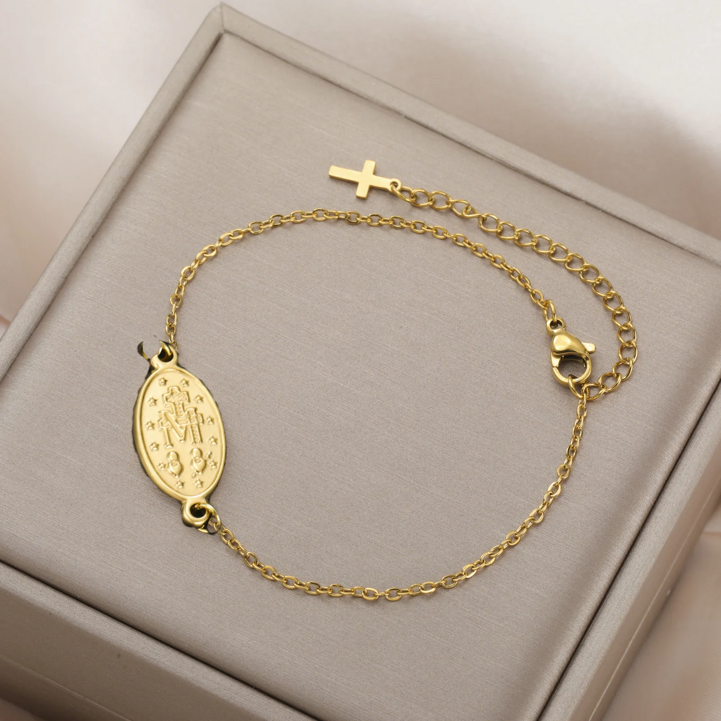 Skyrim Virgin Mary Cross Charm Bracelet Stainless Steel Double Layer Beads Chain Bracelets Religious Amulet Blessed Jewelry Gift