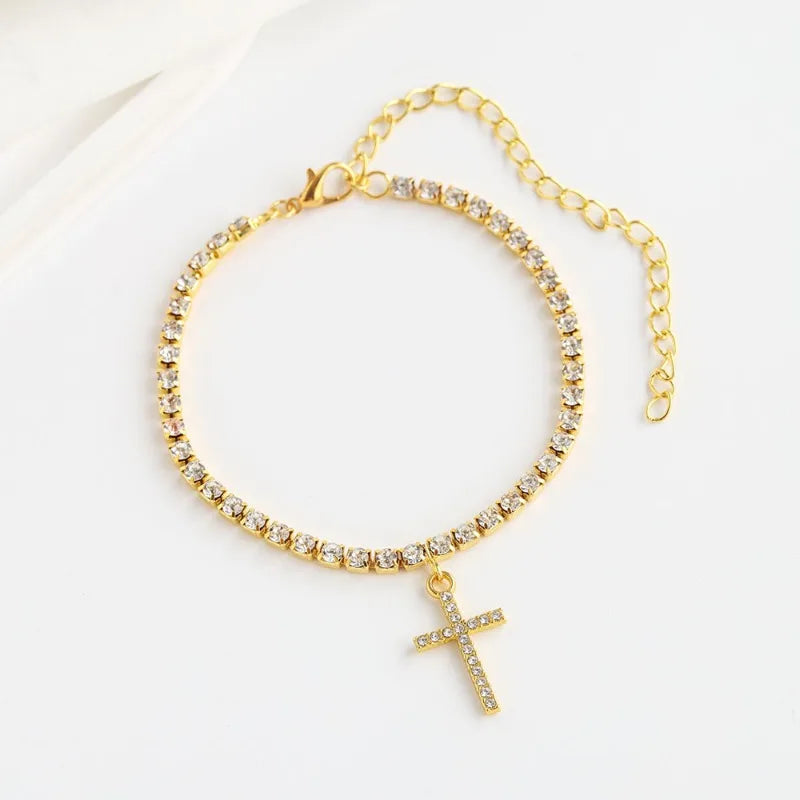 Hot Sale in Europe and America Fashion Elegant Sparkling Rhinestone Cross Anklet Summer Beaches Holiday Party Minimalist Jewelry