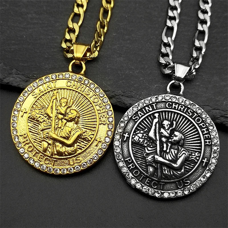 ST.Christopher Protect Us Medal Rhinestones Necklace Saint Christopher Stainless Steel Gold Color Christian Man Chain Jewelry