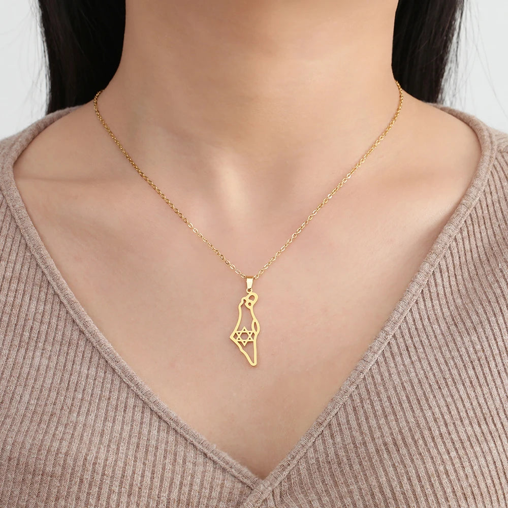 Jewish Israel Map Pendant Choker Chain Stainless Steel Gold Color Star of David Hexagram Necklace for Women Jewelry Gift