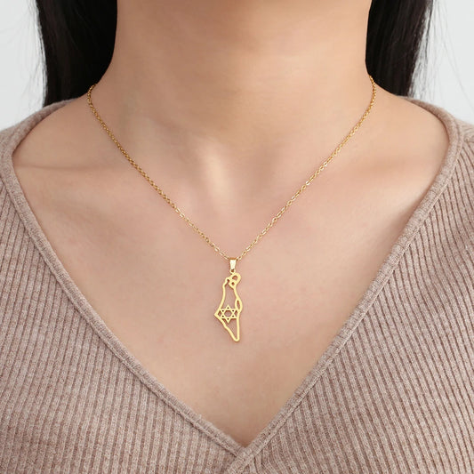 Jewish Israel Map Pendant Choker Chain Stainless Steel Gold Color Star of David Hexagram Necklace for Women Jewelry Gift
