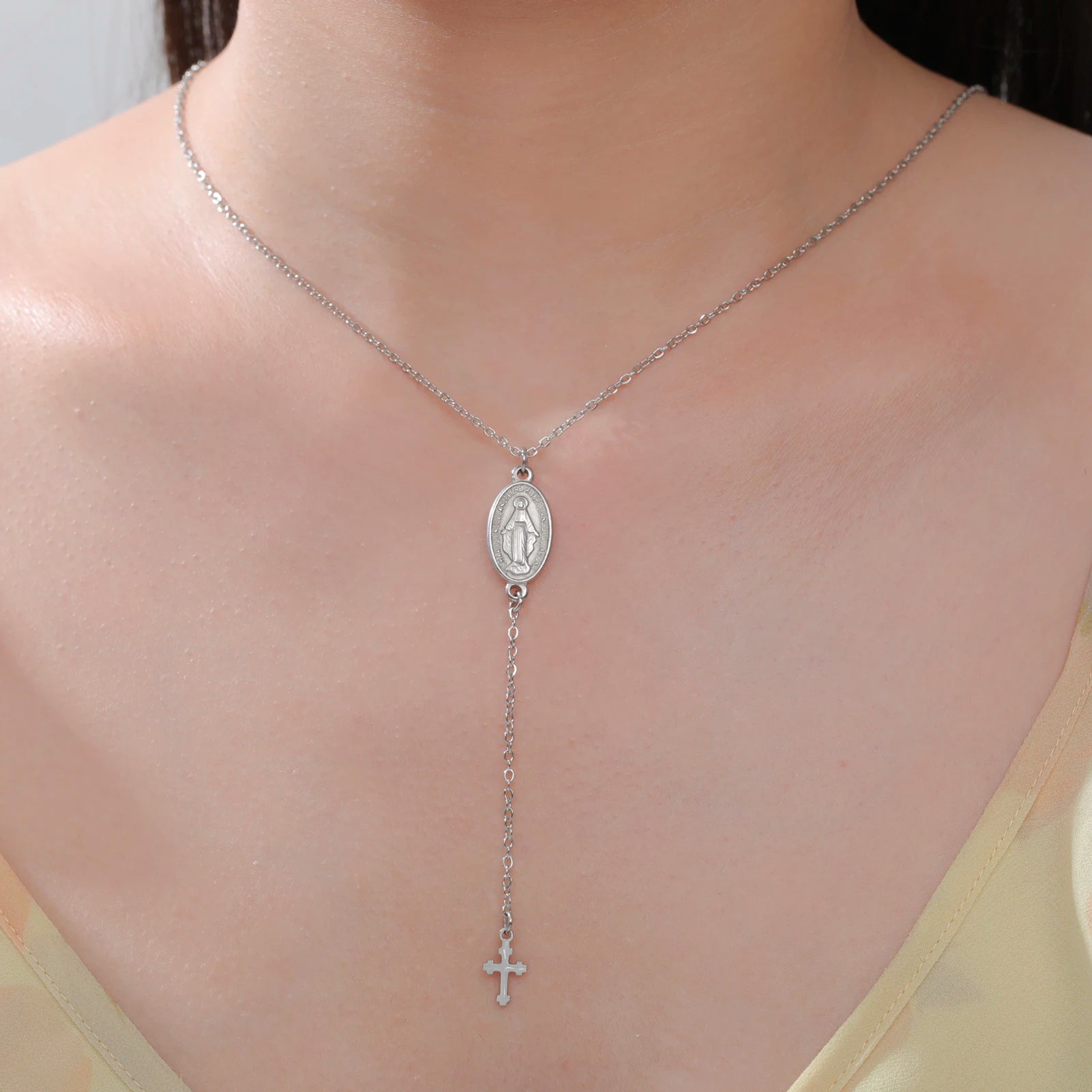 Lucktune Virgin Mary With Cross Pendant Necklace Stainless Steel Women's Necklace Mother of God Jewelry Religious Amulet Gifts