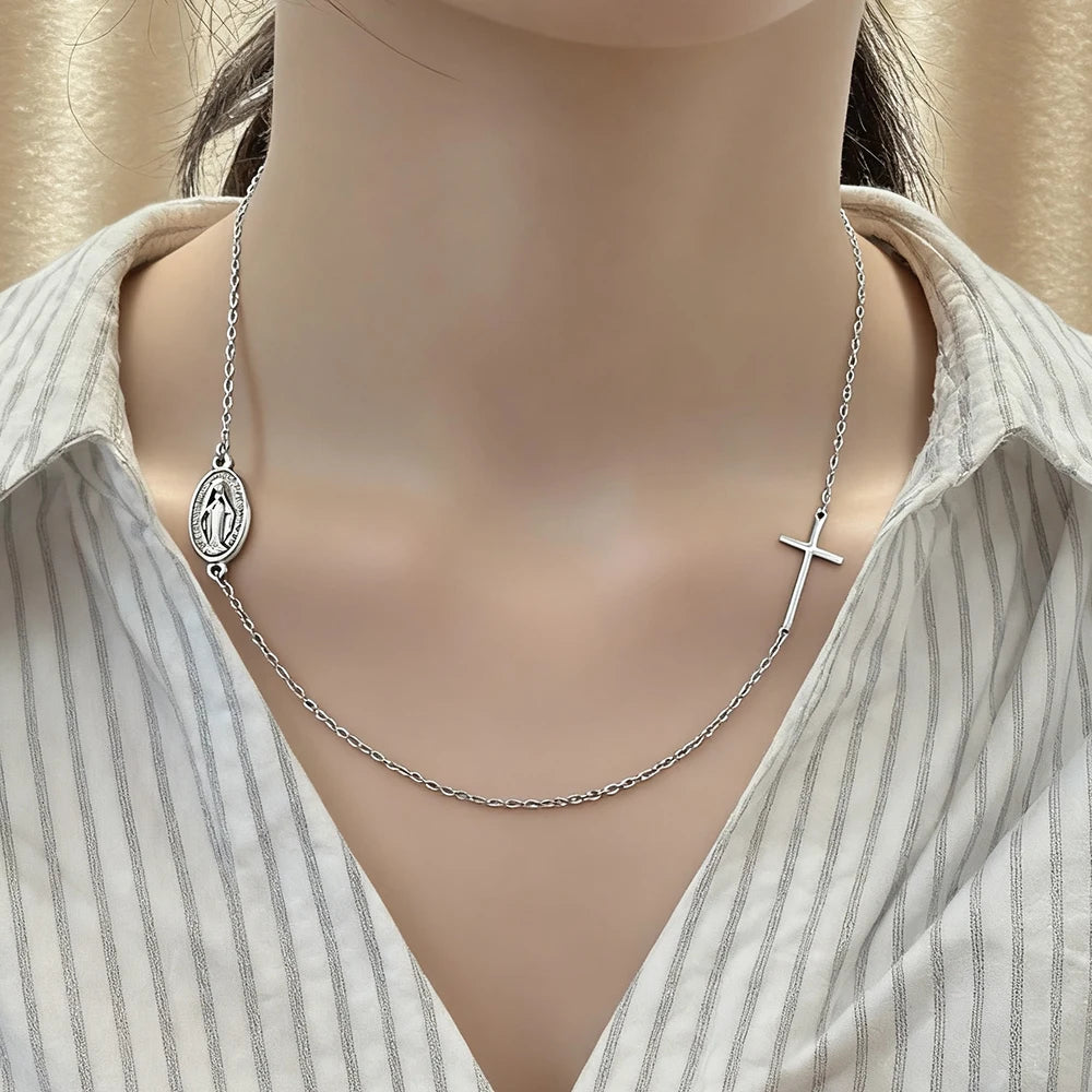 Skyrim Religious Virgin Mary Cross Pendant Necklace for Women Stainless Steel Gold Color Necklaces Amulet Blessed Jewelry Gift