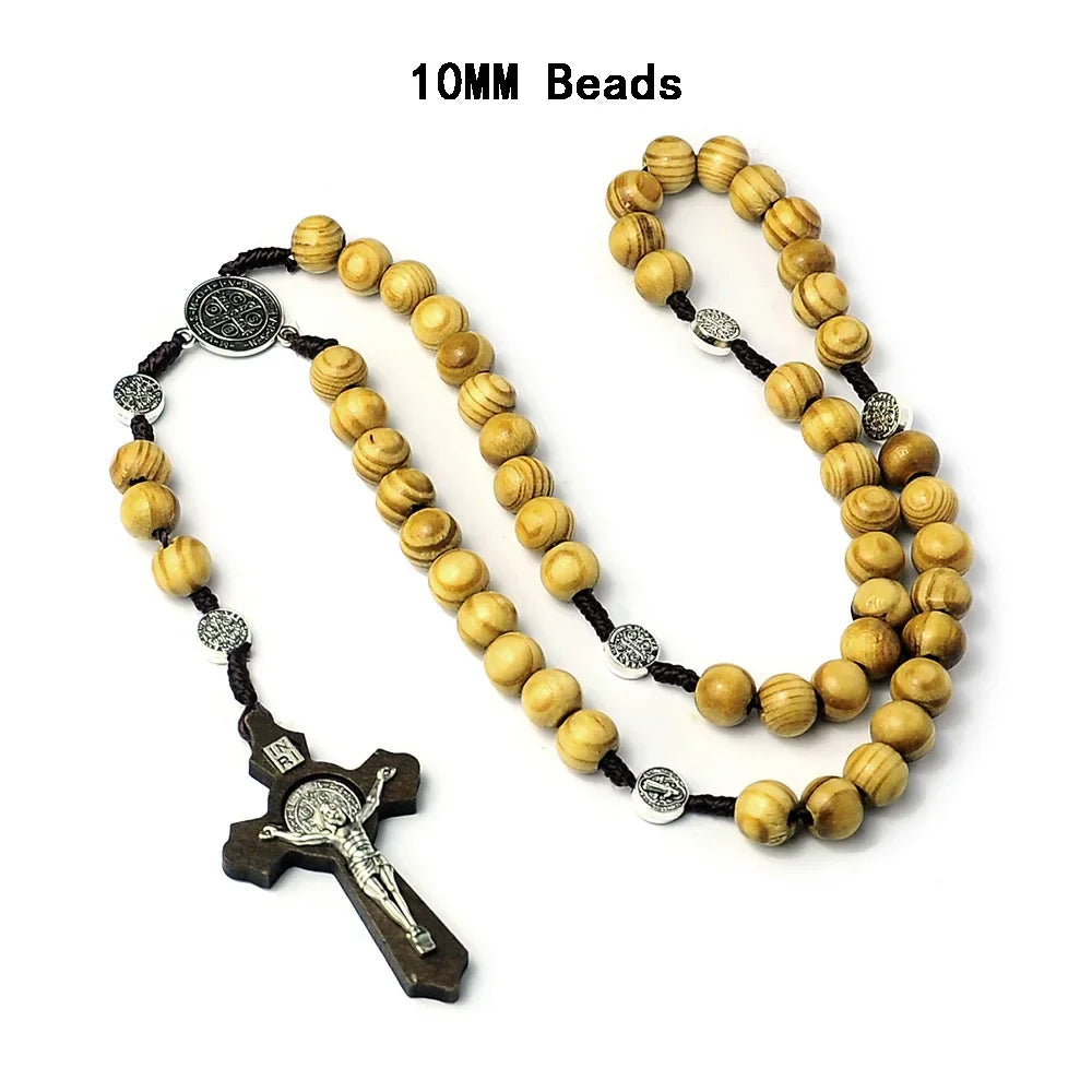Catholic Wood Beaded Rosary Necklaces For Women Christian INRI Crucifix Cross Pendant Long Chain Men Religion Prayer Jewelry