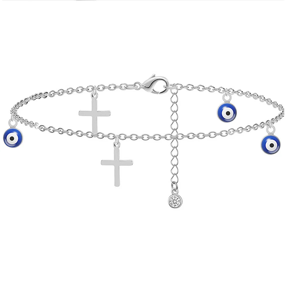 Fashion Stainless Steel Anklet For Women Turkey Blue Eye Of Evil Cross Charm Ankle Bracelet Waterproof Chain On Foot Jewelry