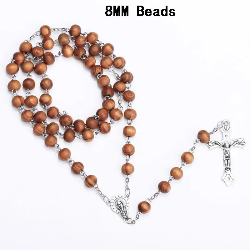 Catholic Wood Beaded Rosary Necklaces For Women Christian INRI Crucifix Cross Pendant Long Chain Men Religion Prayer Jewelry