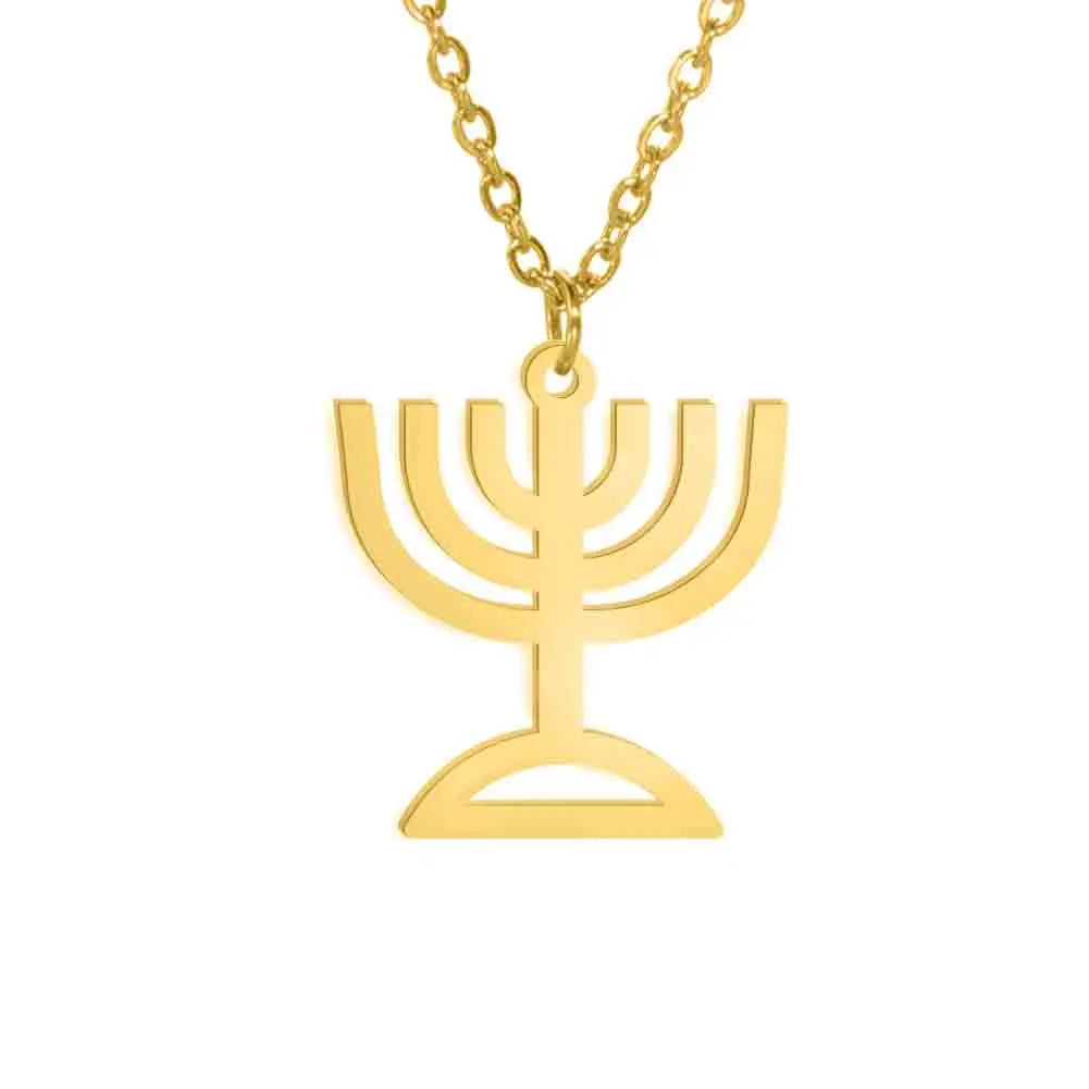 Lucktune Judaism Menorah Pendant Necklace Stainless Steel Lampstand Sacred Amulet Chain Necklace for Women Men Vintage Jewelry