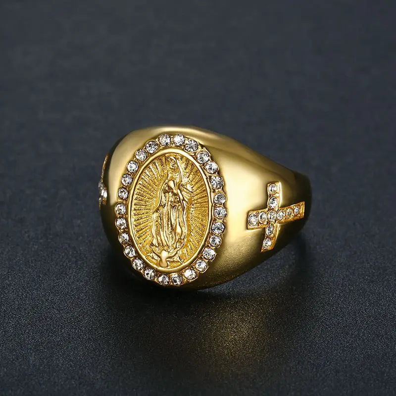 Men' Catholic Virgin Mary Cubic Zirconia Cross Rings Stainless Steel Religious Ring Size 7-13