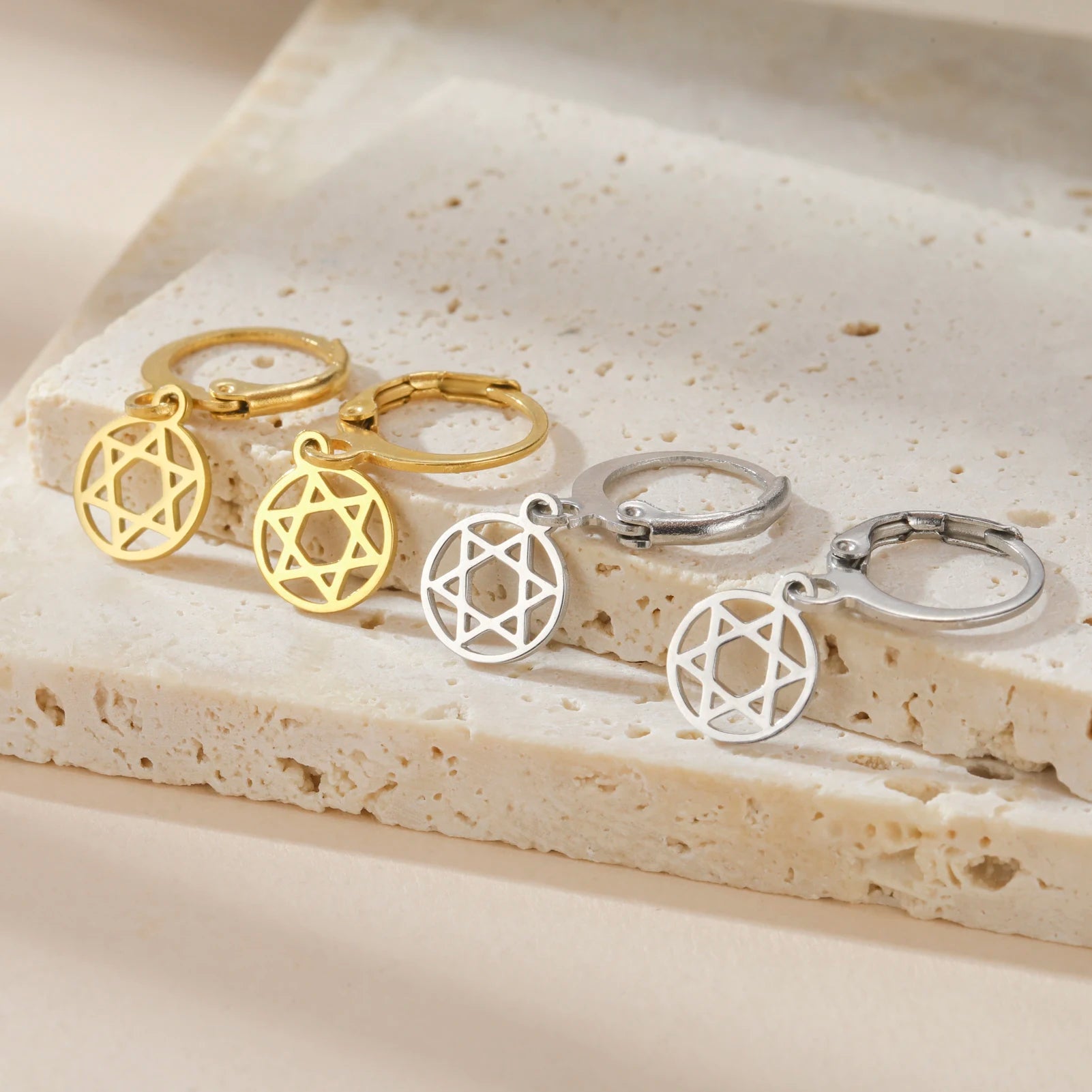Lucktune David Star Round Dangle Earrings Stainless Steel Hexagram Star Earrings For Women Israel Jewish Judaism Jewelry Gift