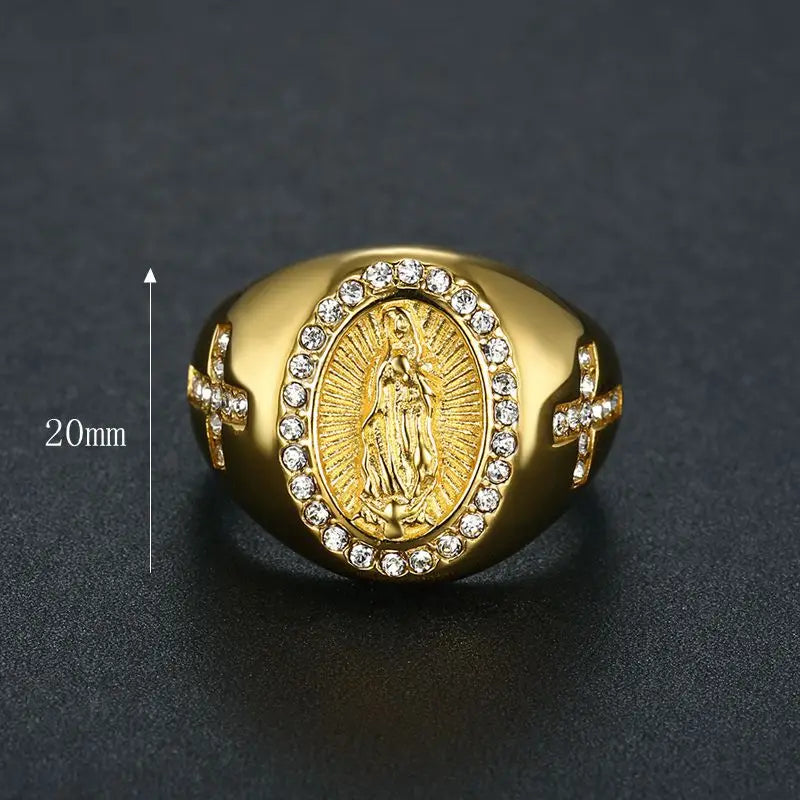 Men' Catholic Virgin Mary Cubic Zirconia Cross Rings Stainless Steel Religious Ring Size 7-13