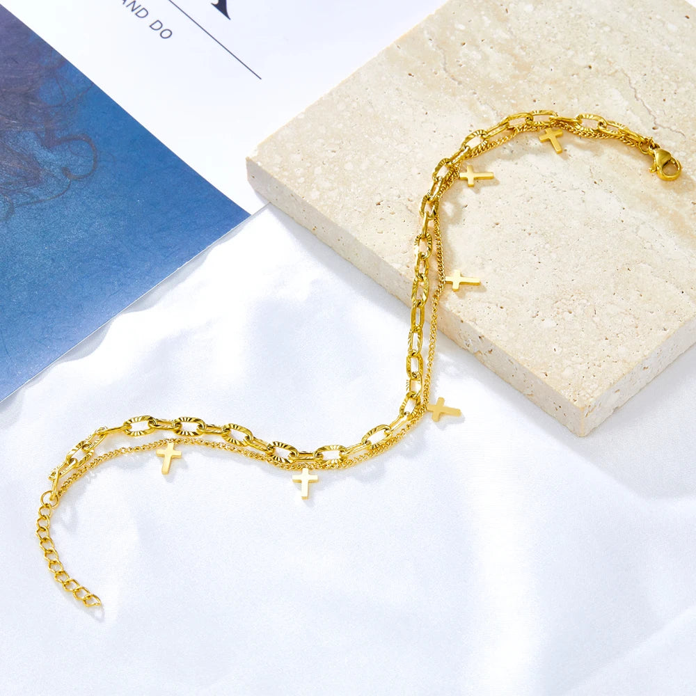 LUXUSTEEL Cross Double Foot Chain Anklets for Women Bracelet on Leg Stainless Steel Women's Chain Anklets Wedding Party Jewelry