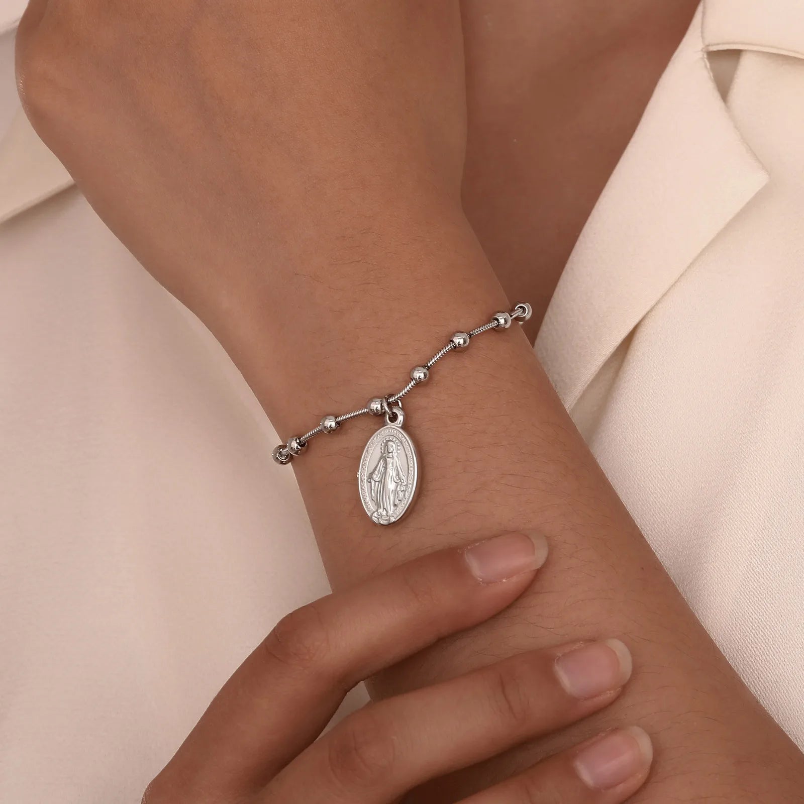 Vnox Double Sides Women Rosary Bracelets,Gold Plated Stainless Steel Religious Prayer Charm Bracelet,Cross Virgin Mary Bracelets