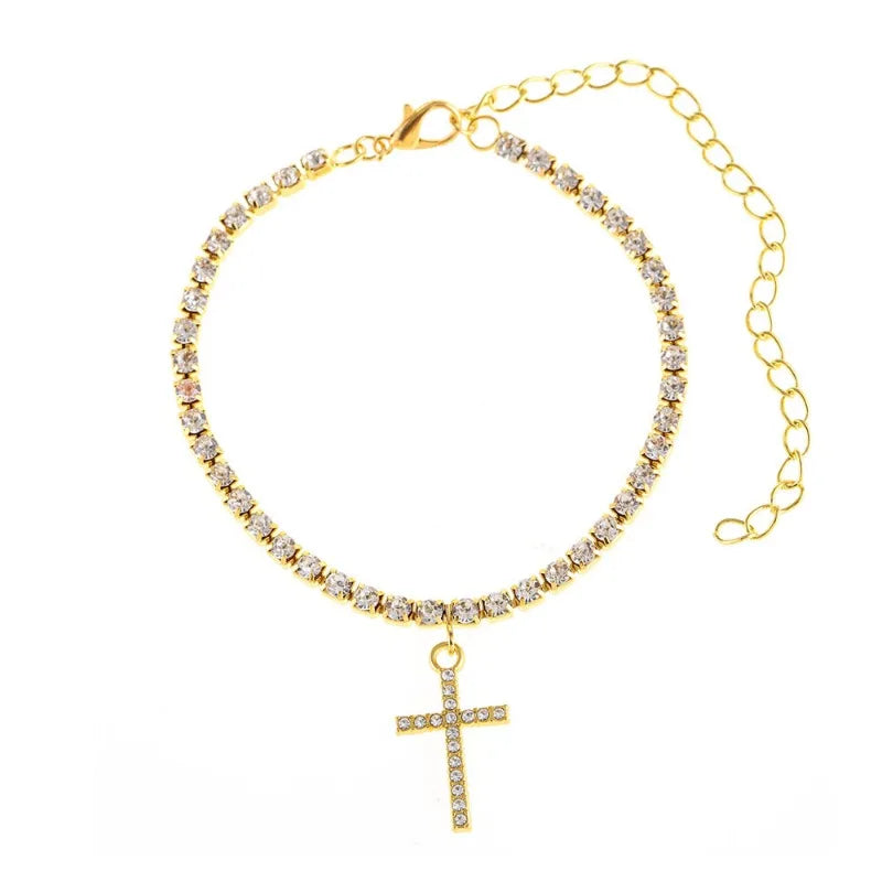 Hot Sale in Europe and America Fashion Elegant Sparkling Rhinestone Cross Anklet Summer Beaches Holiday Party Minimalist Jewelry