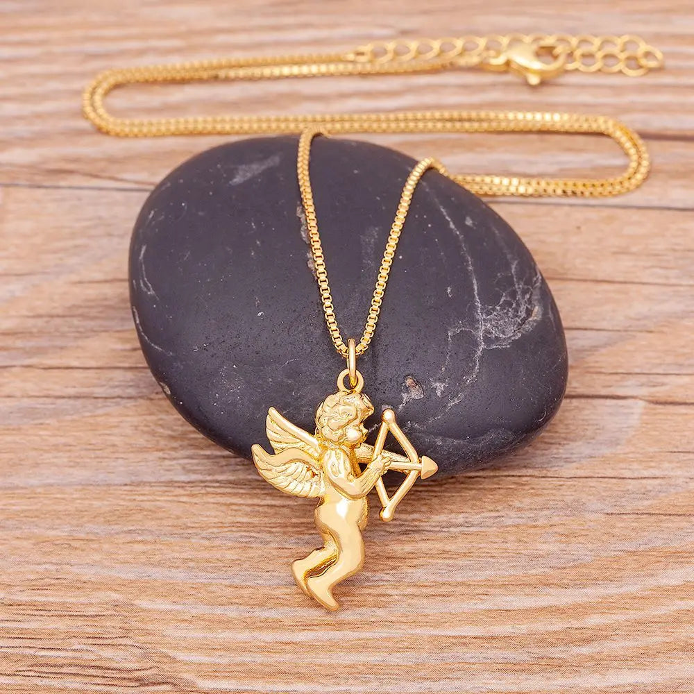 Nidin Hot Fine Angel Cupid Bow and Arrow Pendant Necklaces For Women Long Chain Choker Romantic Lovers Matching Jewelry Gift
