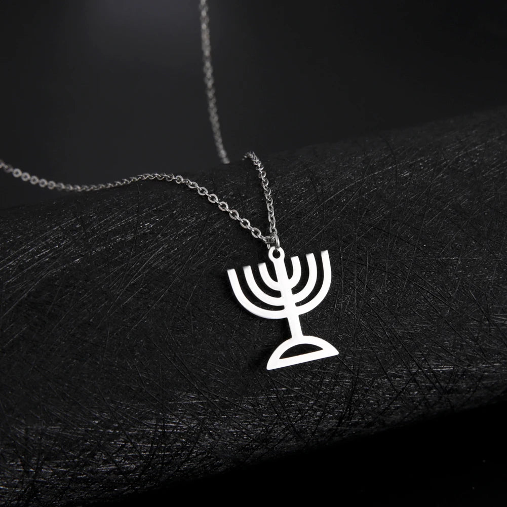 Lucktune Judaism Menorah Pendant Necklace Stainless Steel Lampstand Sacred Amulet Chain Necklace for Women Men Vintage Jewelry