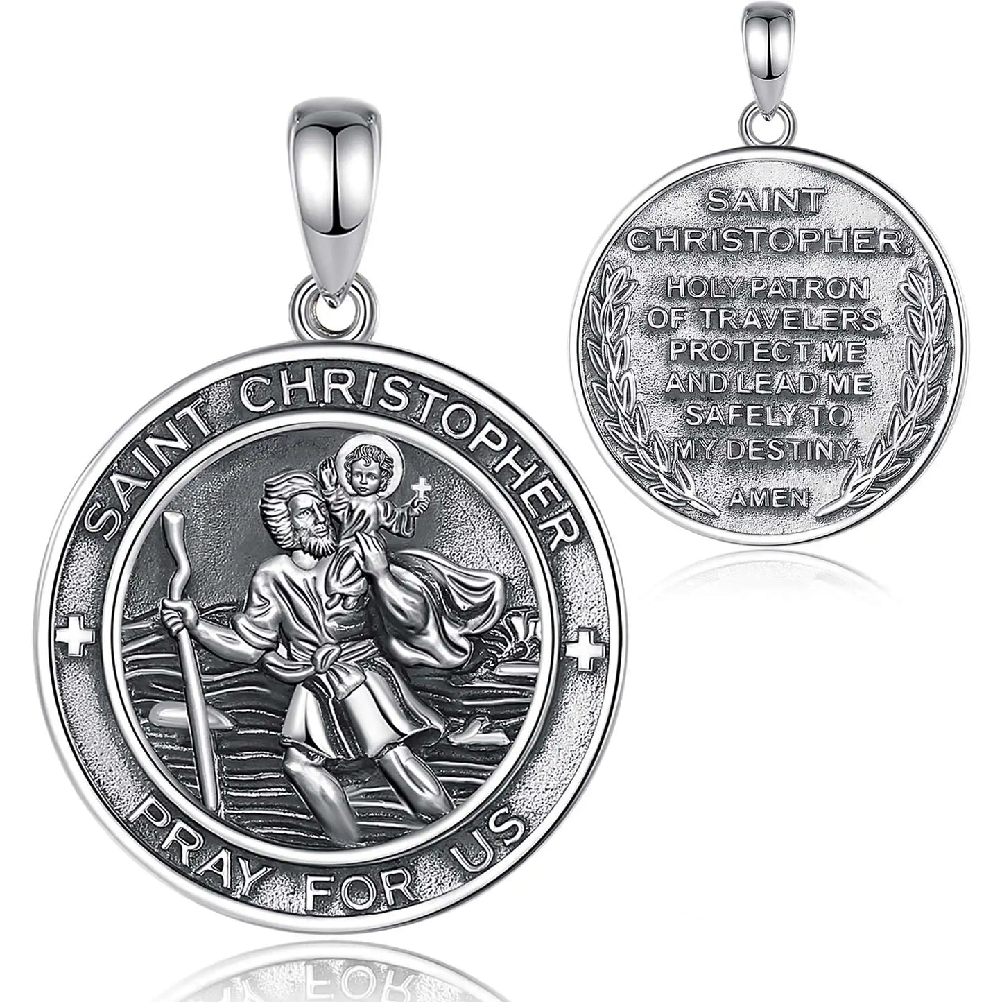 Eudora 925 Sterling Silver St Christopher Necklace Vintage Medallion Cross Pendant for Men Women Personality Religious Jewelry