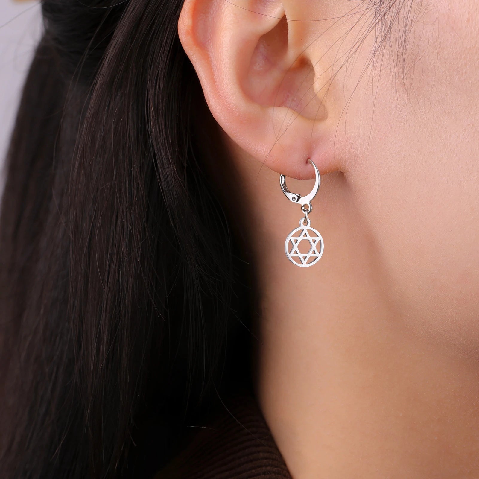 Lucktune David Star Round Dangle Earrings Stainless Steel Hexagram Star Earrings For Women Israel Jewish Judaism Jewelry Gift