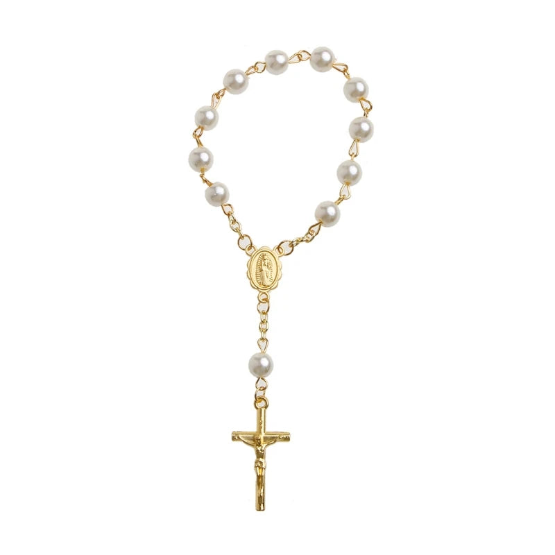 Catholic for Cross Finger Chain Mini Rosary Finger Baptism Rosaries Faux Pearls Bracelet for Baptism  Christening