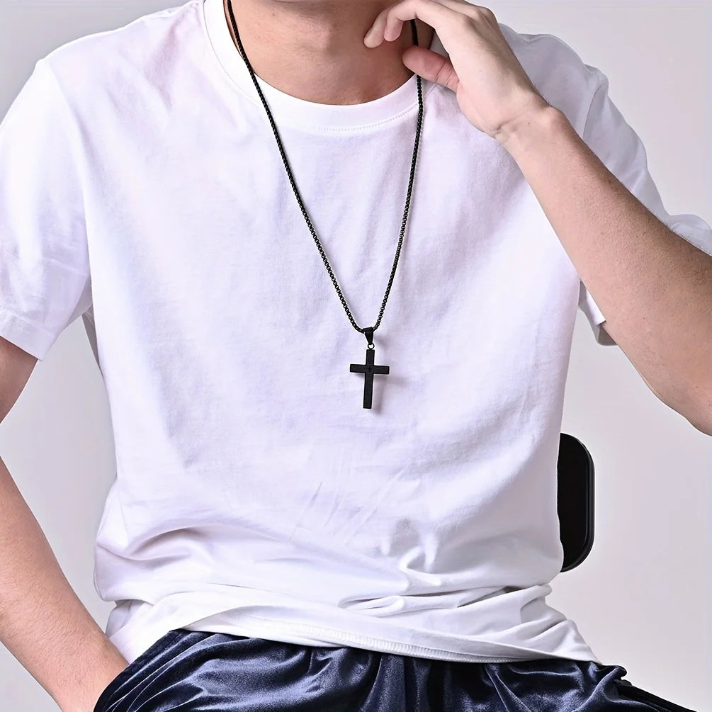 1pcs Titanium Alloy Carved Cross Necklace, Multi-Color Durable Gift for All