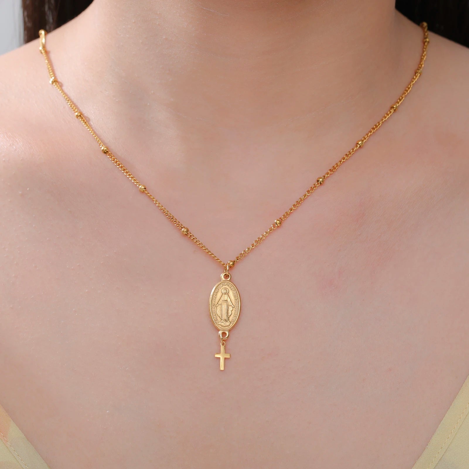 Skyrim Religious Virgin Mary Cross Pendant Necklace for Women Stainless Steel Gold Color Necklaces Amulet Blessed Jewelry Gift