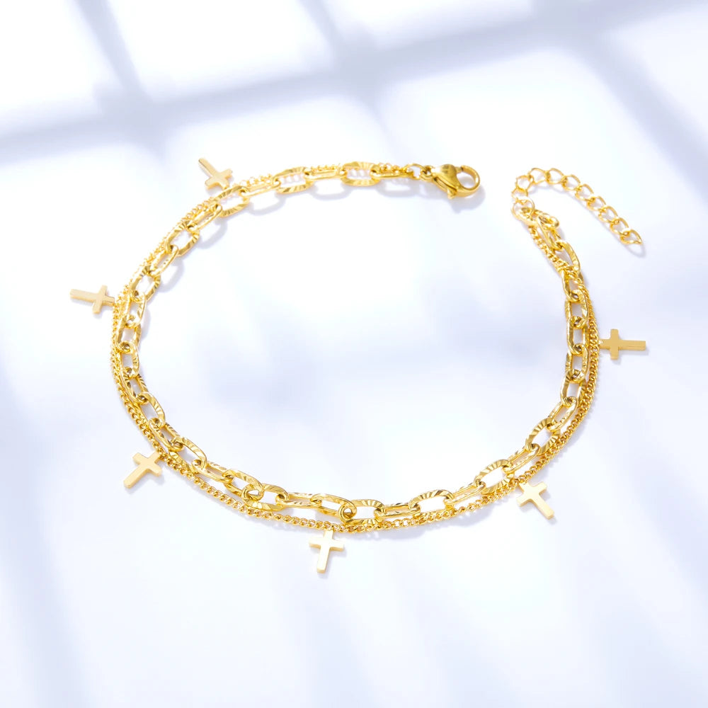 LUXUSTEEL Cross Double Foot Chain Anklets for Women Bracelet on Leg Stainless Steel Women's Chain Anklets Wedding Party Jewelry