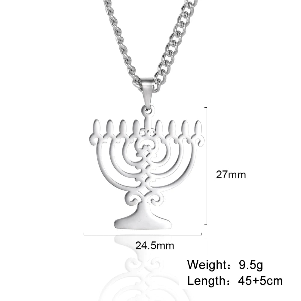 Lucktune Judaism Menorah Pendant Necklace Stainless Steel Lampstand Sacred Amulet Chain Necklace for Women Men Vintage Jewelry