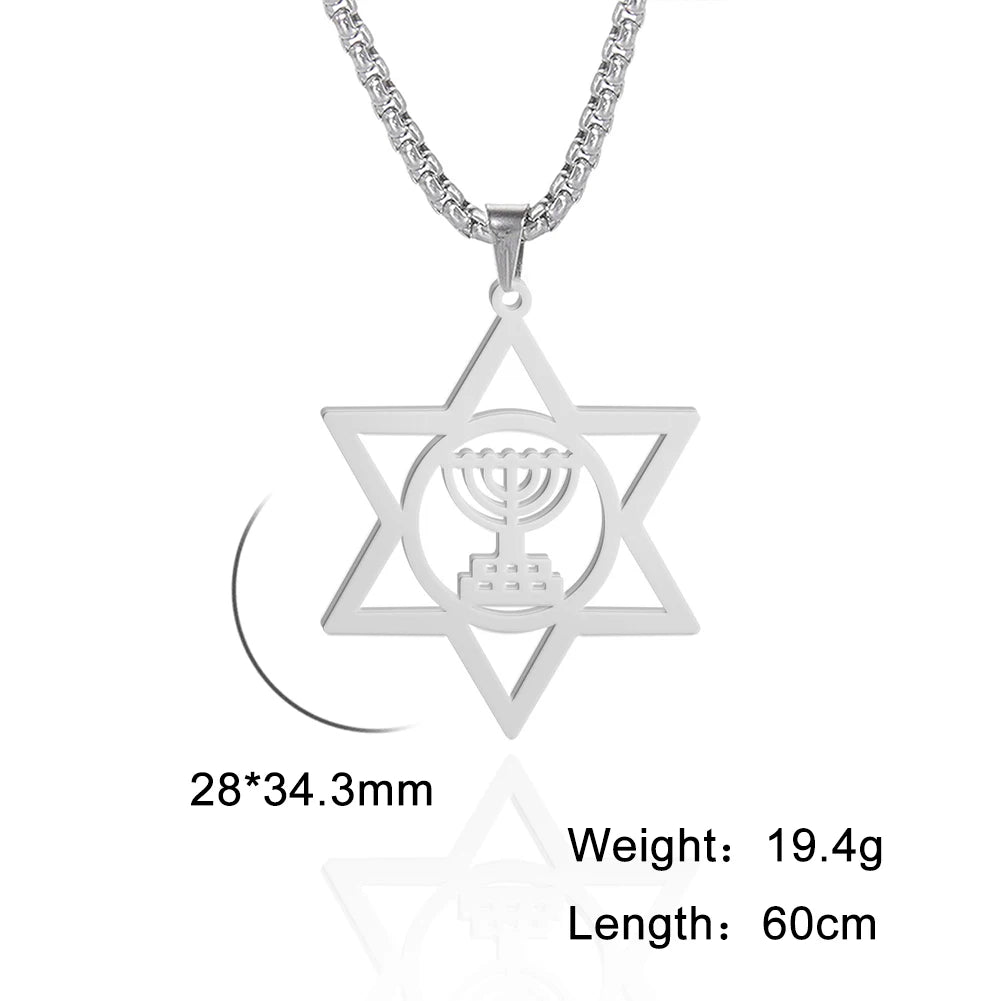 Lucktune Judaism Menorah Pendant Necklace Stainless Steel Lampstand Sacred Amulet Chain Necklace for Women Men Vintage Jewelry
