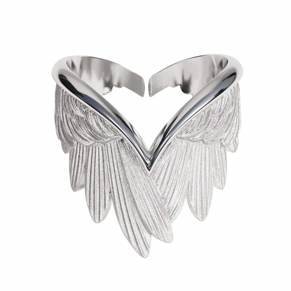Adjustable Open Ring for Men Women Unisex Angel Wing Design Heart Shaped Unique Statement Ring Gift