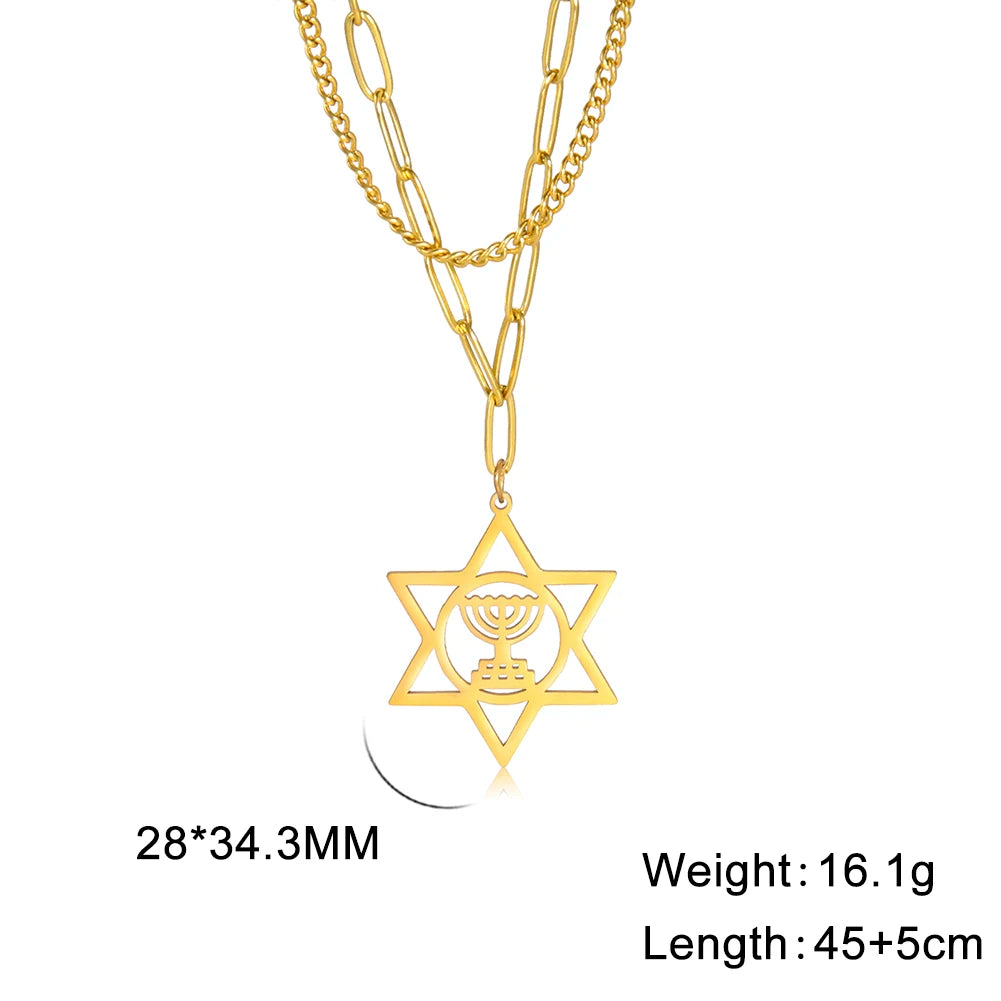 Lucktune Judaism Menorah Pendant Necklace Stainless Steel Lampstand Sacred Amulet Chain Necklace for Women Men Vintage Jewelry