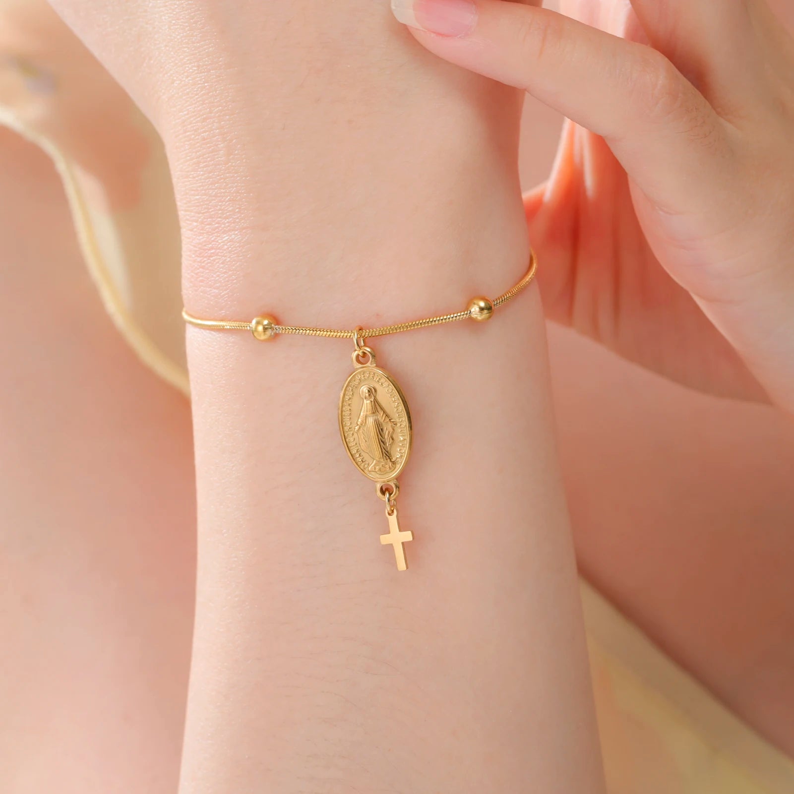 Skyrim Virgin Mary Cross Charm Bracelet Stainless Steel Double Layer Beads Chain Bracelets Religious Amulet Blessed Jewelry Gift