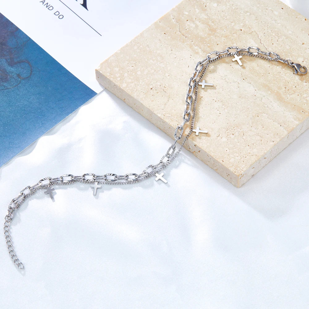 LUXUSTEEL Cross Double Foot Chain Anklets for Women Bracelet on Leg Stainless Steel Women's Chain Anklets Wedding Party Jewelry