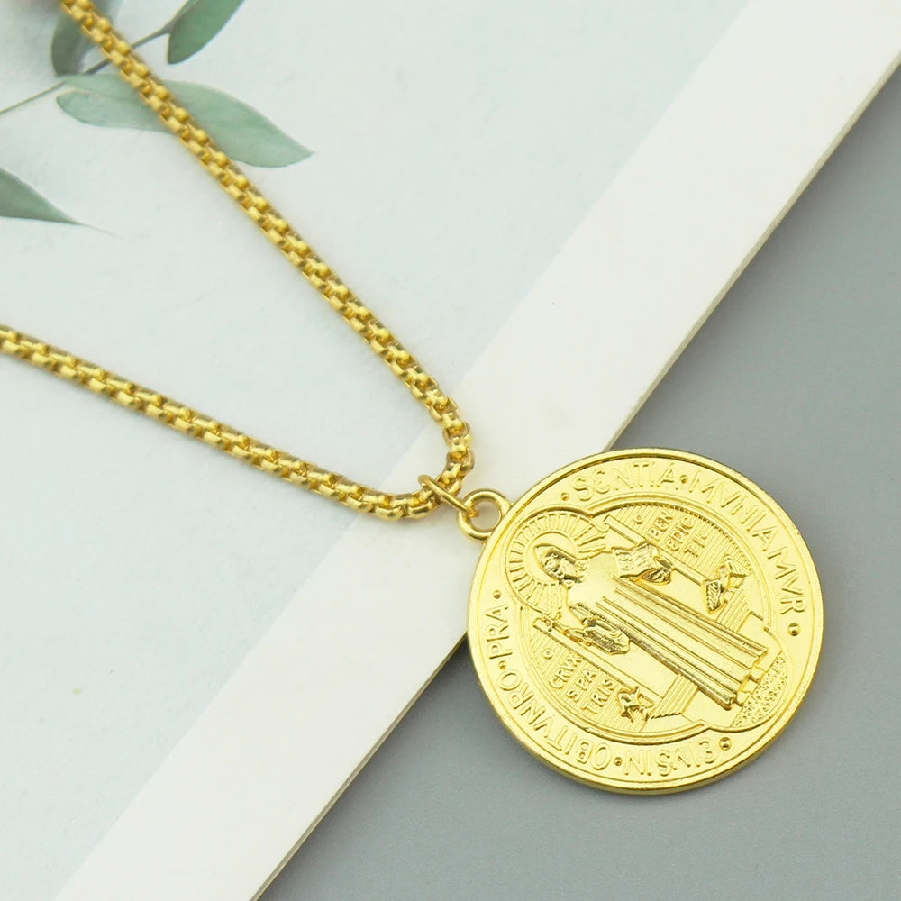 Catholic Saint Benedict Medallion Pendant Necklace Alloy San Benito Collares Choker Necklaces Creativity Gift Wholesale